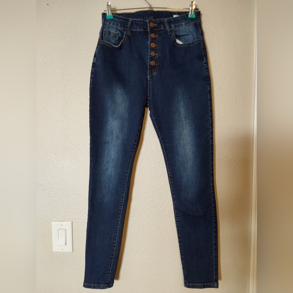 KUNMI Jeans, Women's Size Large Kunmi 5 Pockets, Button Fly Blue Denim Jeans